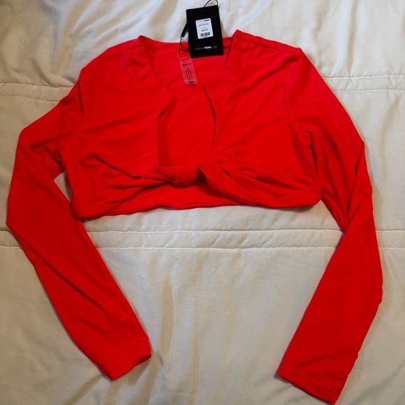 NWT Fashion Nova Bright Orange Long Sleeve Crop Top High Waist Swimsuit Sz M - Picture 6 of 11